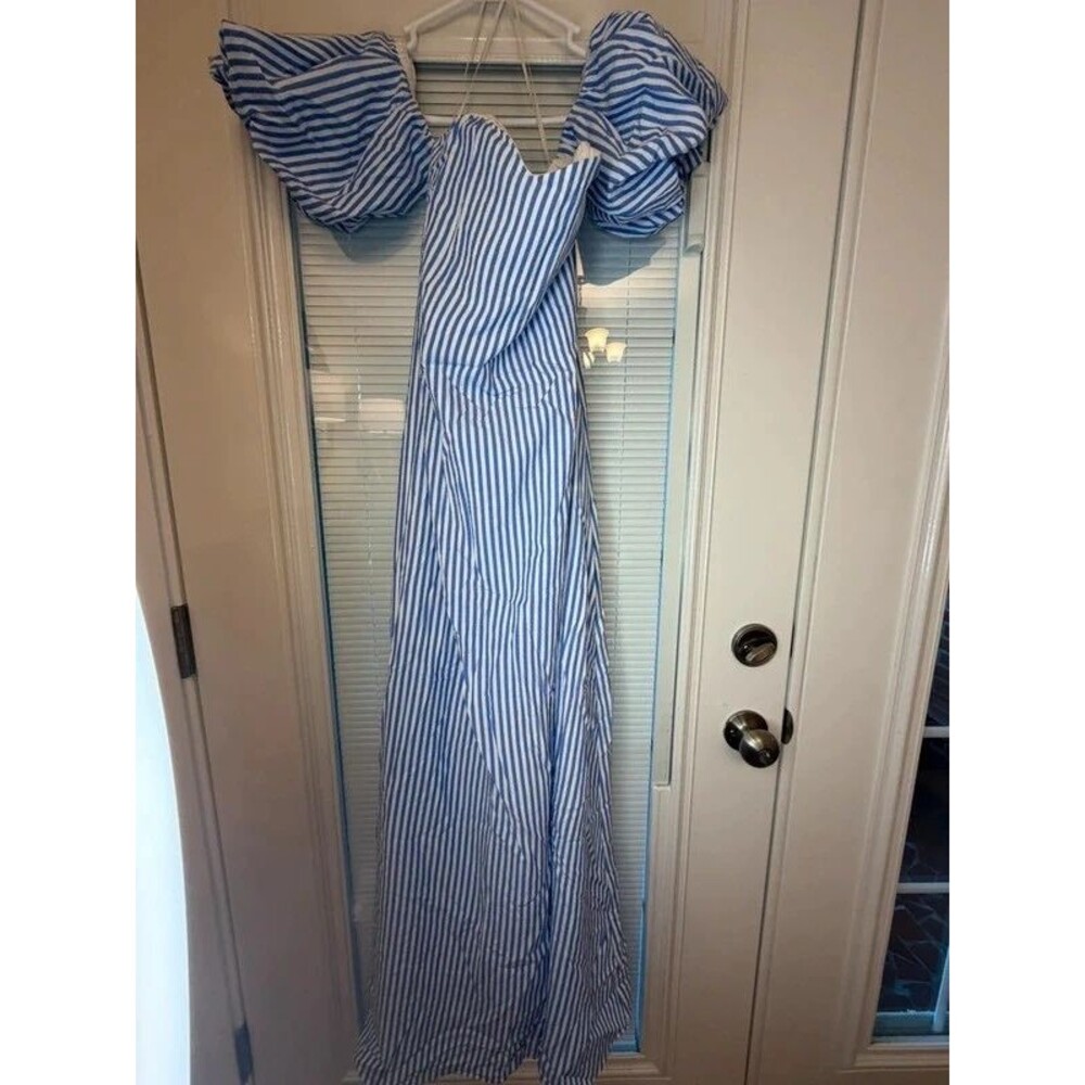 Pomander Place Blue White Stripe Puff Sleeve Maxi Dress XS